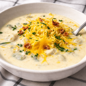 rich creamy baked potato soup in a serving bowl with a spoon