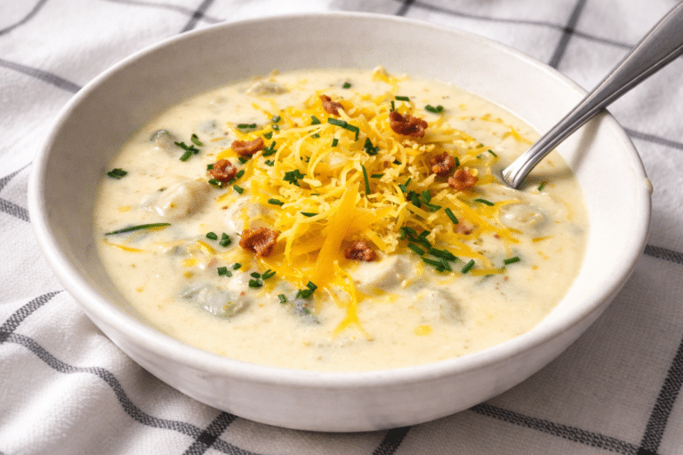 rich creamy baked potato soup in a serving bowl with a spoon