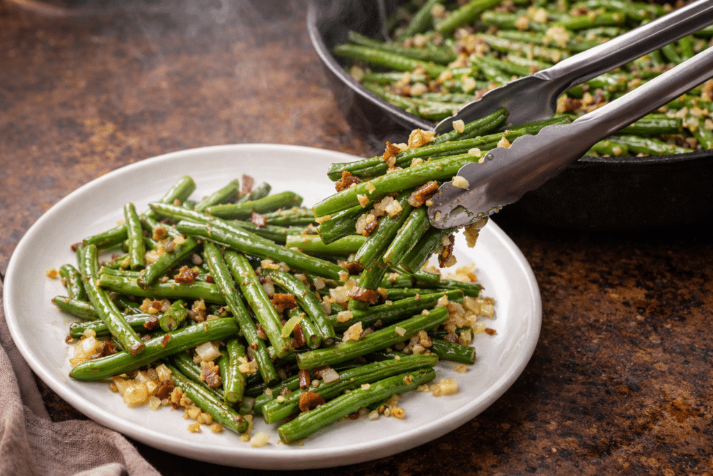 serving skillet green beans with onions and garlic