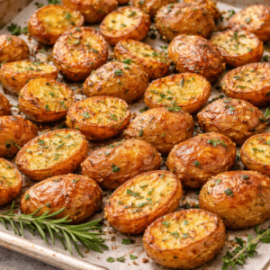 crispy roasted baby potatoes sitting on a baking tray