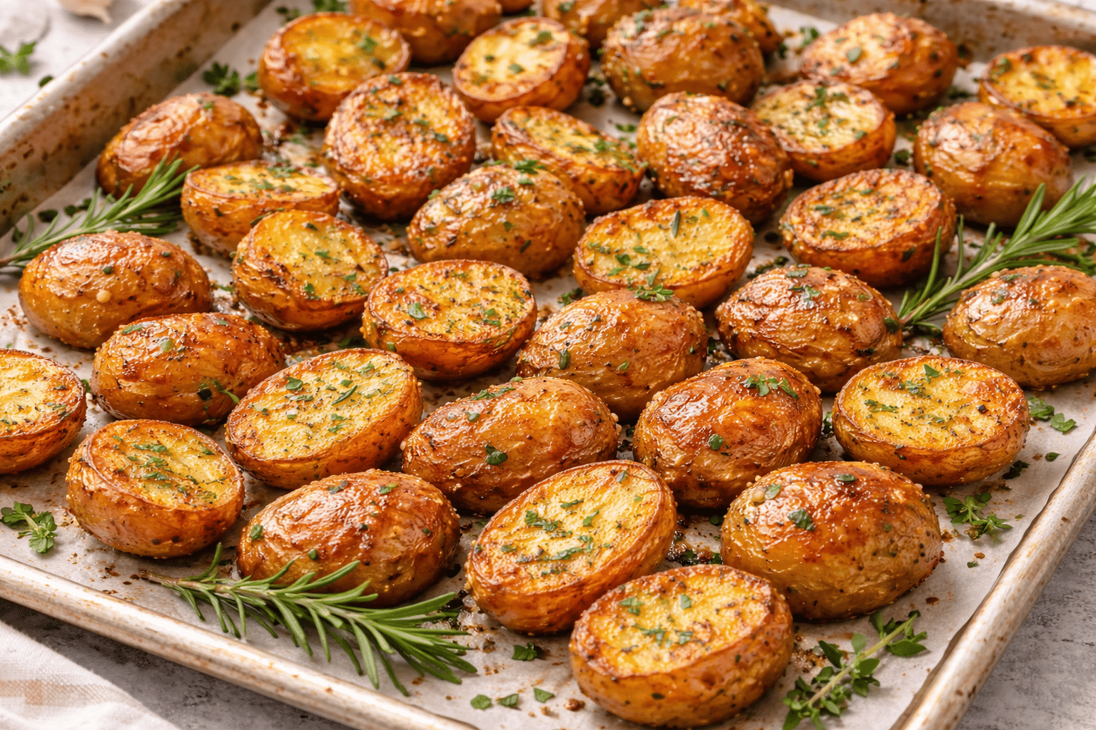 crispy roasted baby potatoes sitting on a baking tray