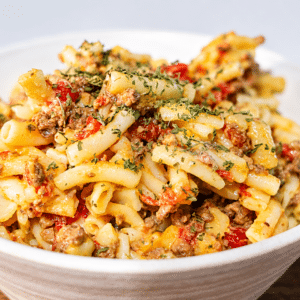 side shot of spicy macaroni and cheese using rotel chilis