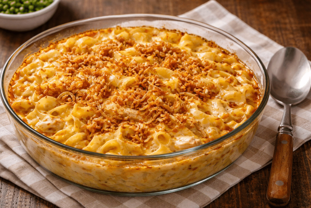 cheesy chicken noodle casserole sitting in a glass casserole dish on a checkered hot pad