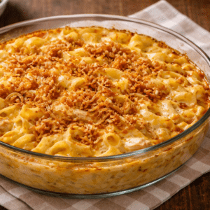 cheesy chicken noodle casserole sitting in a glass casserole dish on a checkered hot pad