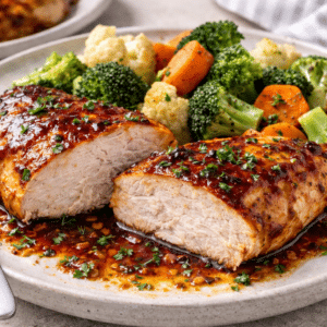 Juicy BBQ Baked Chicken sitting on a plate cut in half with steamed veggies