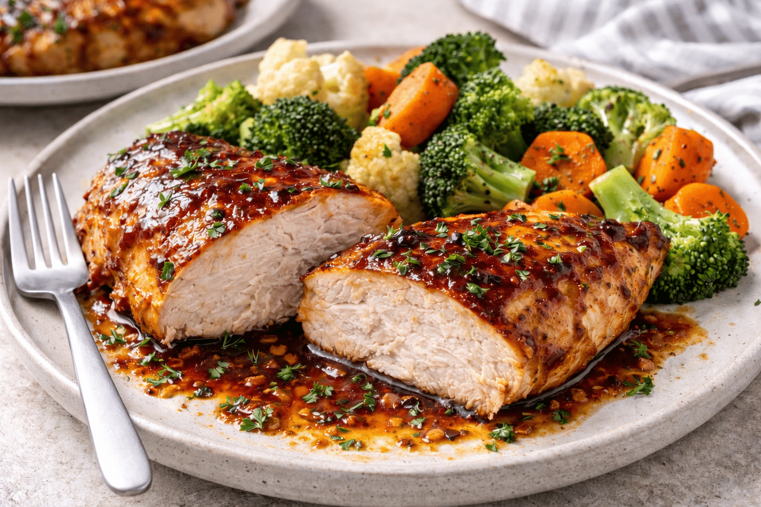 Juicy BBQ Baked Chicken sitting on a plate cut in half with steamed veggies