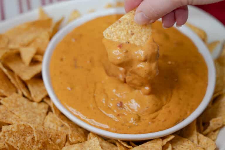 chili cheese dip with tortilla chips on the side