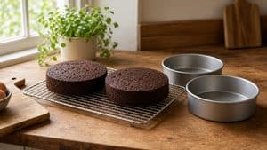 Two Devil's Food Cake layers cooling on a wire rack