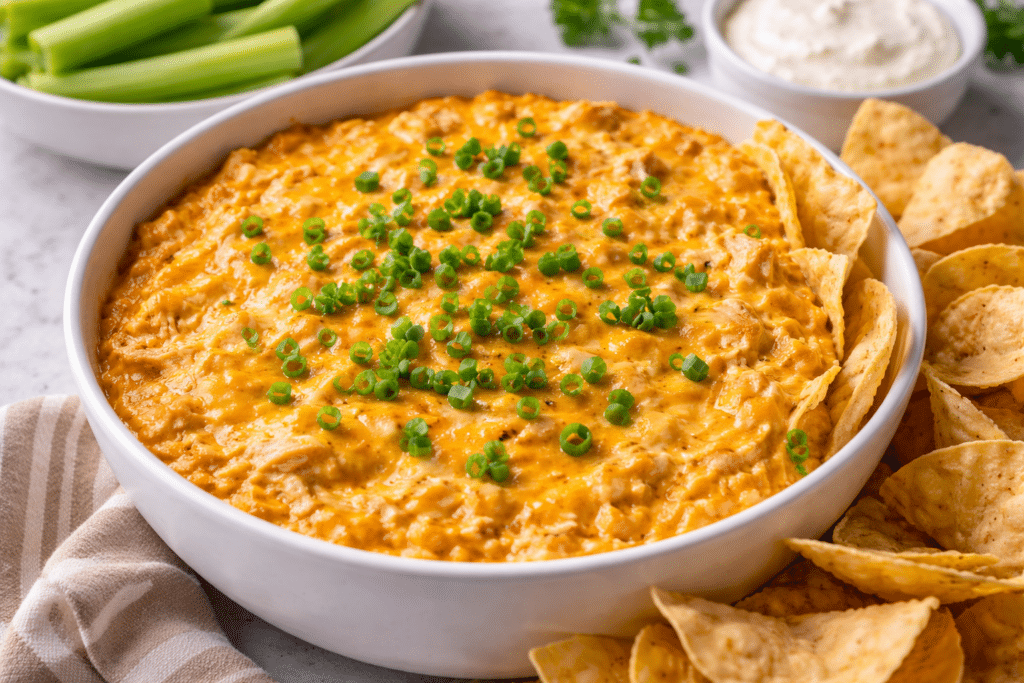buffalo chicken dip in a serving bowl with tortilla chips on the side