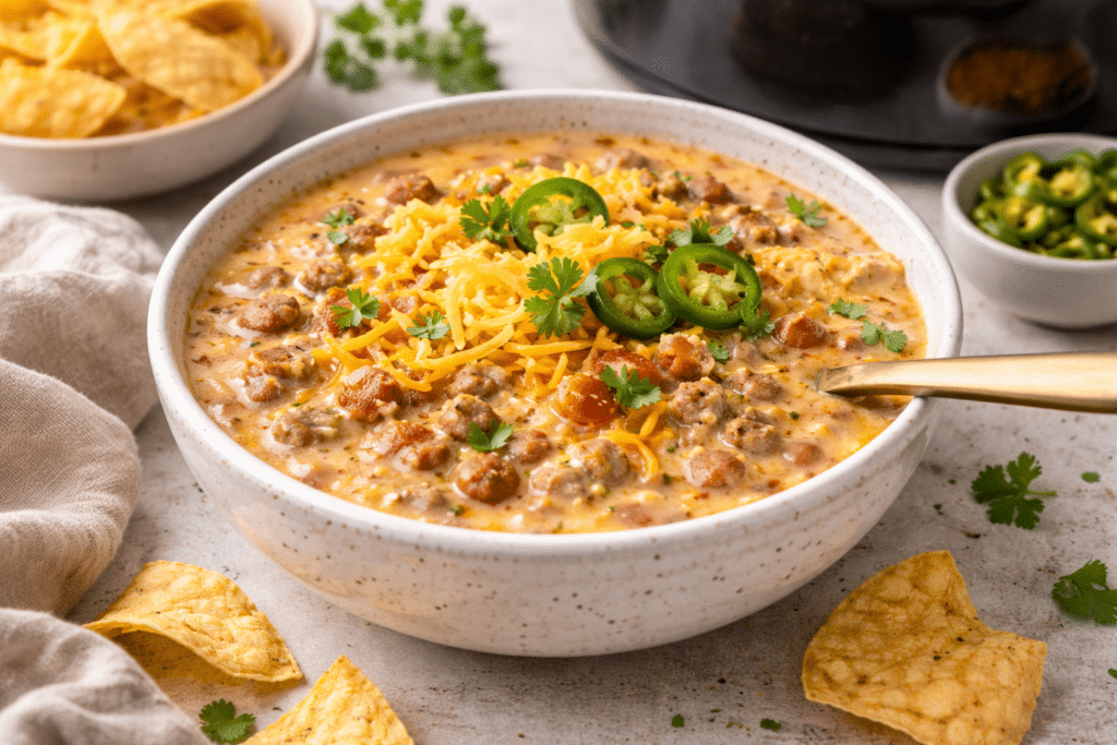 creamy taco soup in a bowl with cheddar cheese and jalapeno garnish