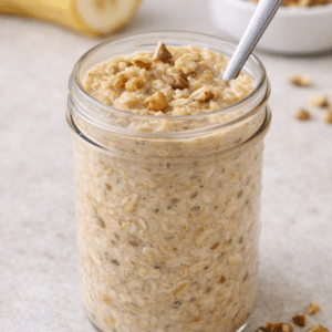 banana bread overnight oats in a mason jar
