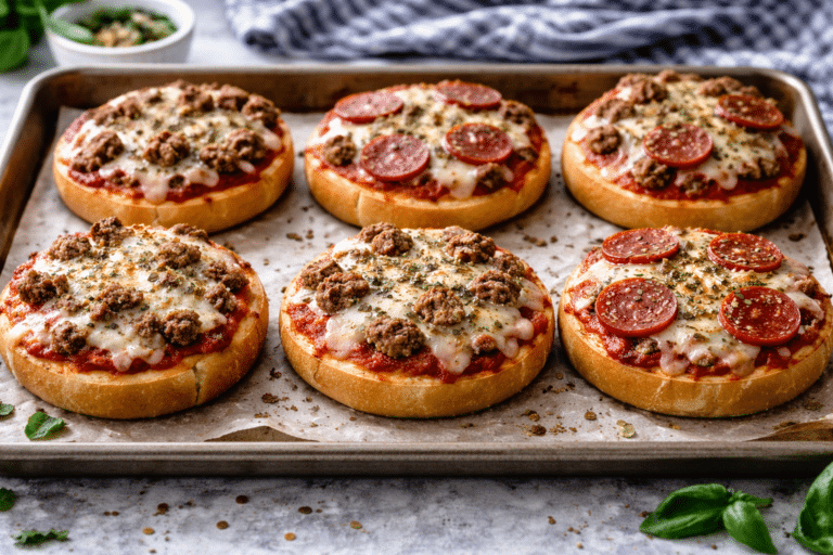 homemade pizza burgers sitting on a sheet pan fresh out of the oven