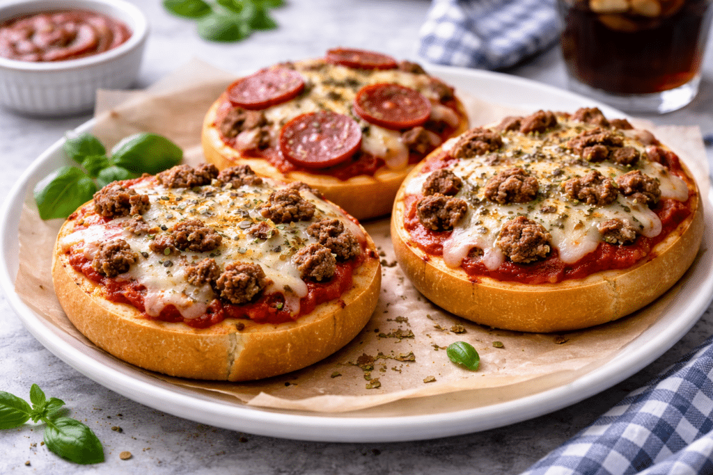 homemade pizza burgers sitting on a plate ready to serve