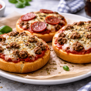 homemade pizza burgers sitting on a plate ready to serve