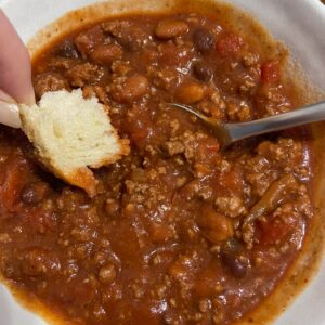 Midwest Crockpot Chili with cinnamon rolls