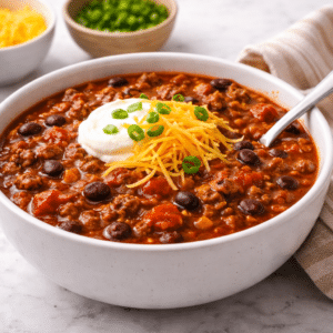 A bowl of Midwest Crockpot Chili with sour cream and shredded cheddar cheese as garnish