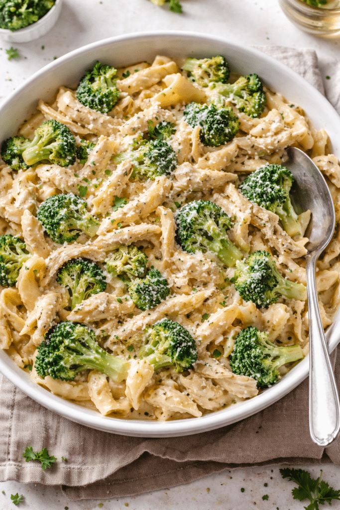 healthy cottage cheese chicken alfredo sitting in a baking dish