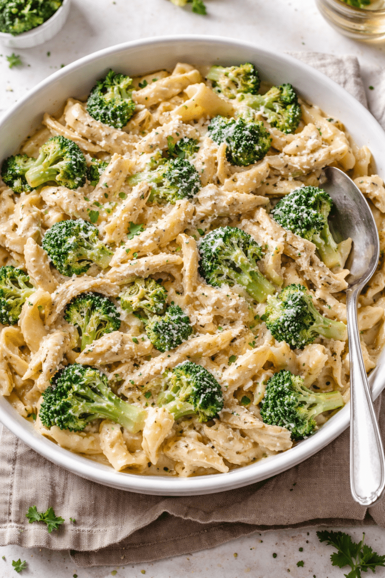 healthy cottage cheese chicken alfredo sitting in a baking dish