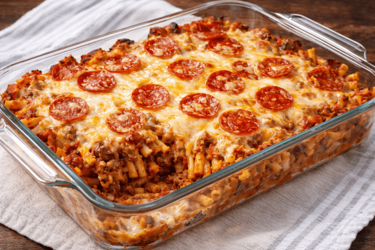 baked pizza pasta casserole in a glass baking dish