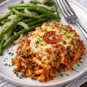 baked pizza pasta casserole sitting on a plate next to a side of green beans