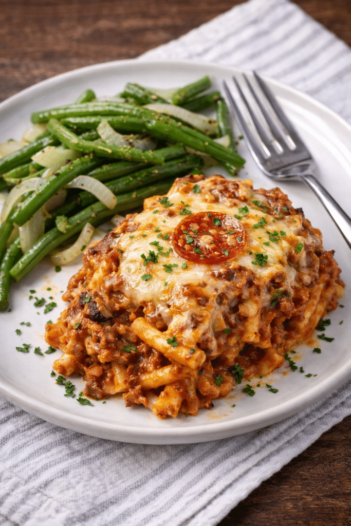 baked pizza pasta casserole sitting on a plate next to a side of green beans