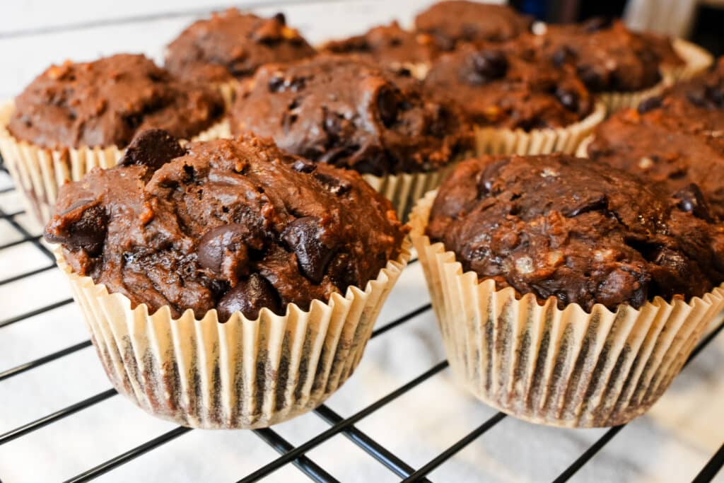 double chocolate sourdough discard muffins