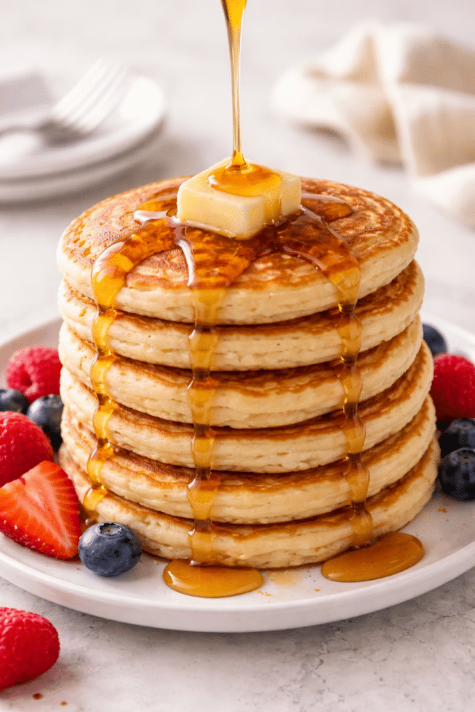 vanilla protein pancakes stacked on top of each other with berries
