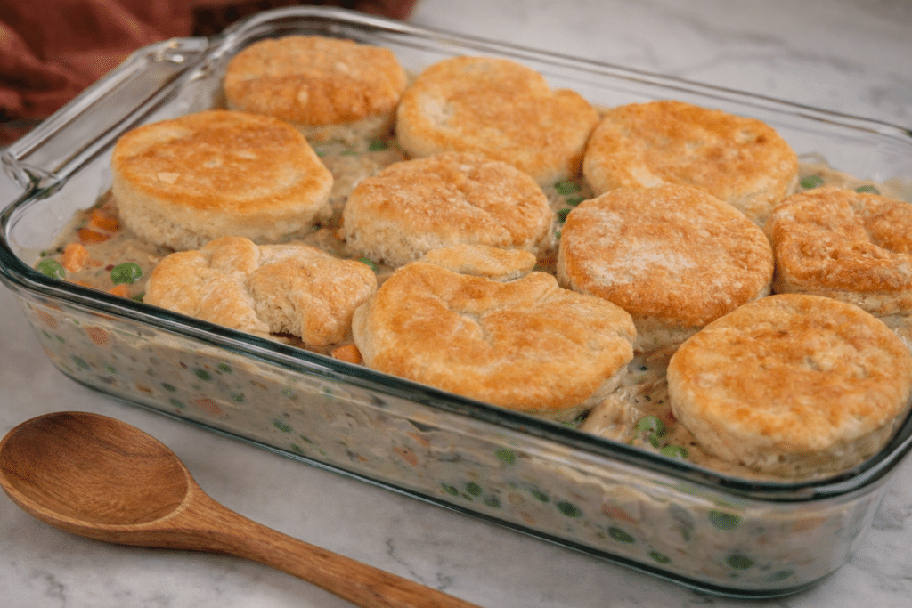 biscuit chicken pot pie in a 9x13 glass baking dish and wooden spoon sitting on the side