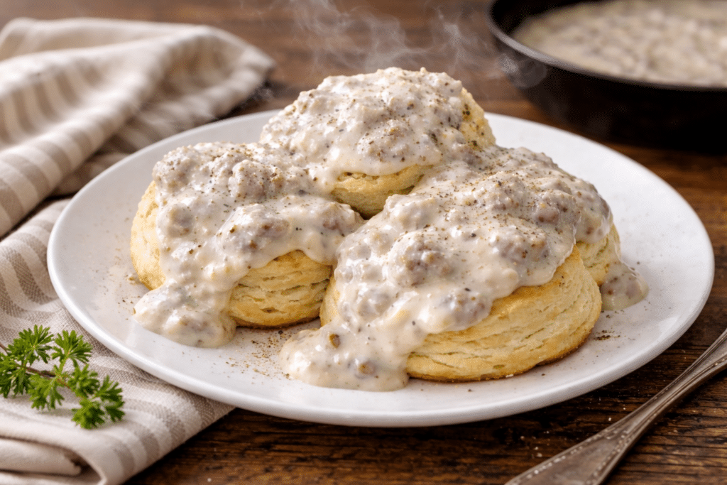 homemade sausage gravy served over homemade sourdough discard buttermilk biscuits