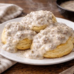 homemade sausage gravy served over homemade sourdough discard buttermilk biscuits
