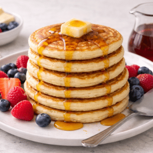 vanilla protein pancakes stacked on top of each other with berries, a spoon, and maple syrup
