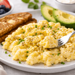 high protein scrambled eggs with cottage cheese sitting on a plate with avocado and toast
