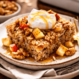 Apple and Walnut Baked Oatmeal sitting on a plate with a dollop of greek yogurt and maple syrup drizzle