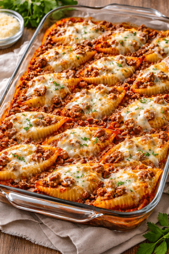 Baked stuffed shells with meat sauce in a 9x13in glass dish