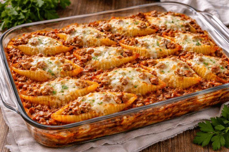 Baked stuffed shells with meat sauce in a 9x13in glass dish