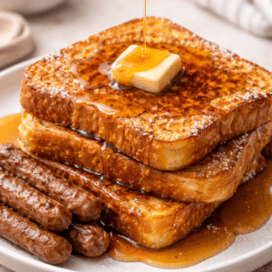 french toast with sausage links sitting on a plate drizzled with maple syrup