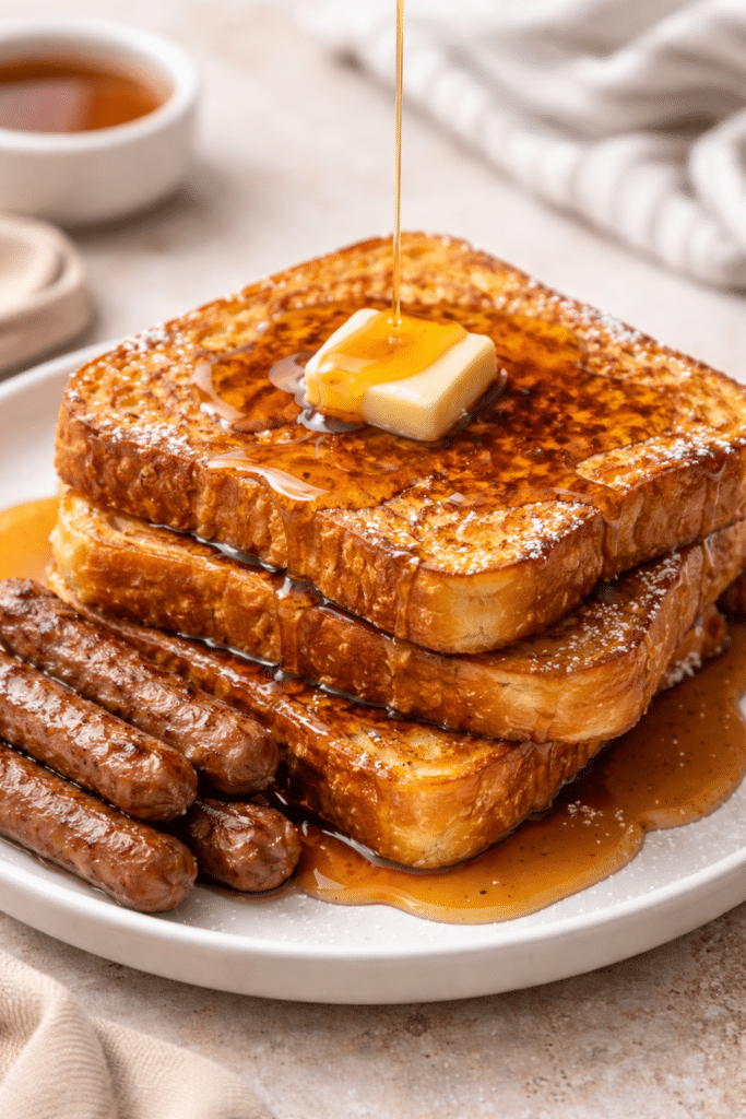 french toast with sausage links sitting on a plate drizzled with maple syrup