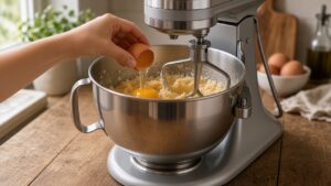 Creaming butter, sugar and eggs in a stand mixer for Devil's Food Cake