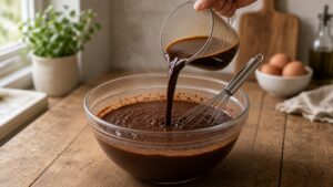 Pouring hot coffee into chocolate batter for Devil's Food Cake