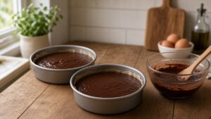 Devil's Food Cake batter divided between two 9-inch round pans