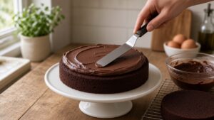 Spreading chocolate buttercream over the first layer of Devil's Food Cake