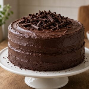 Two-layer Devil's Food Cake with chocolate buttercream and chocolate curls on a cake stand