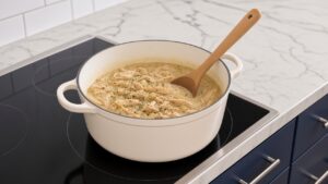 Creamy chicken gravy with shredded chicken and herbs in a cream enameled cast iron Dutch oven