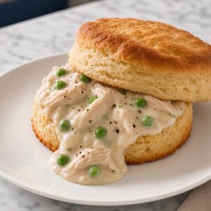 A plate of chicken gravy and biscuits: a tall, flaky homemade sourdough buttermilk biscuit split open and topped with creamy chicken gravy with shredded chicken and peas on a white quartz kitchen island
