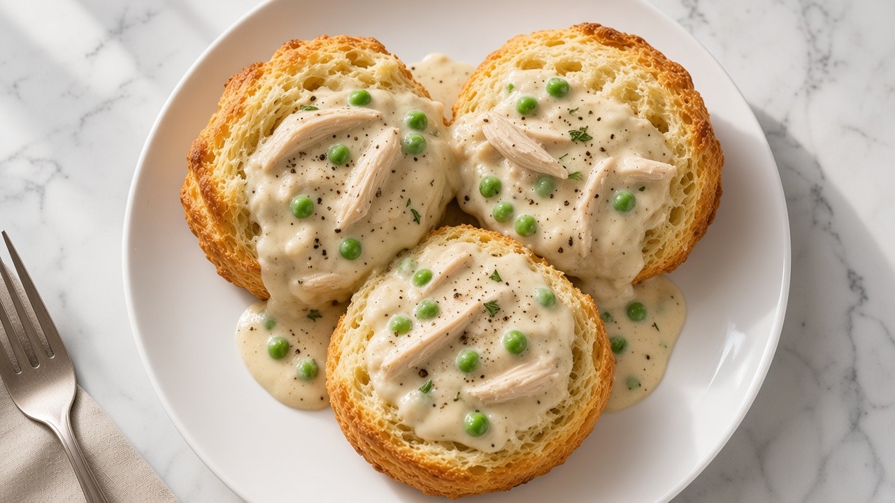 Overhead view of chicken gravy and biscuits: split, golden sourdough buttermilk biscuits covered in creamy chicken gravy with shredded chicken, peas and herbs on a white plate