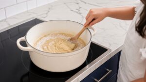 Stirring flour into butter and onion to make a roux for chicken gravy in a cream enameled cast iron Dutch oven