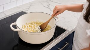 Diced white onion sautéing in melted butter in a cream enameled cast iron Dutch oven