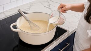 A child pouring milk into the roux in a cream enameled cast iron Dutch oven, with a metal whisk in the pot