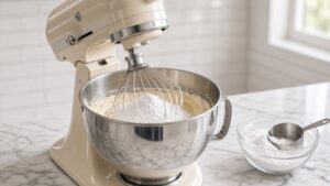 Adding powdered sugar to cream cheese and butter in a stand mixer