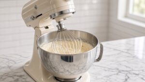 Cream cheese and butter beaten smooth with the whisk attachment in a stand mixer bowl